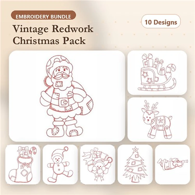 Redwork Vintage Christmas Embroidery Designs Bundle – Santa Claus, Christmas Sleigh, Reindeer & More (10 Designs)
