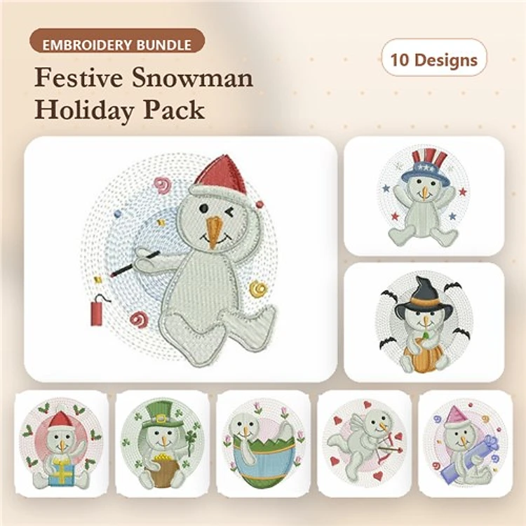 Snowman Embroidery Bundle – Red Hat, Blue Hat, Colorful Scarf & More (10 Designs)