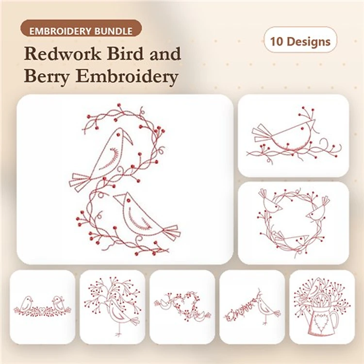 Redwork Birds and Berries Embroidery Bundle – Bird on Berry Branch, Bird Nest with Berries, Group of Birds & More (10 Designs)