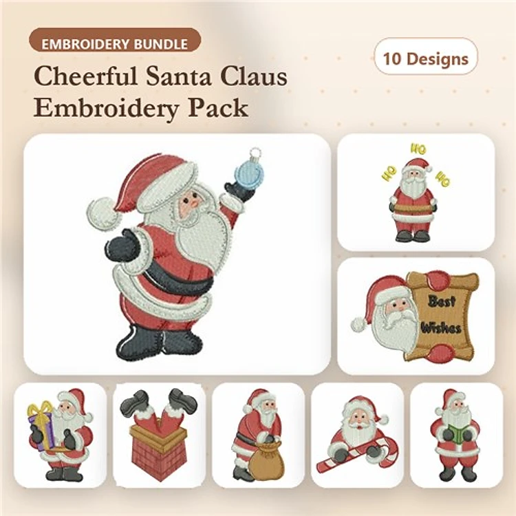 Cheerful Santa Claus Embroidery Designs Bundle – Santa with Gift, Santa Waving, Santa with Ornament & More (10 Designs)