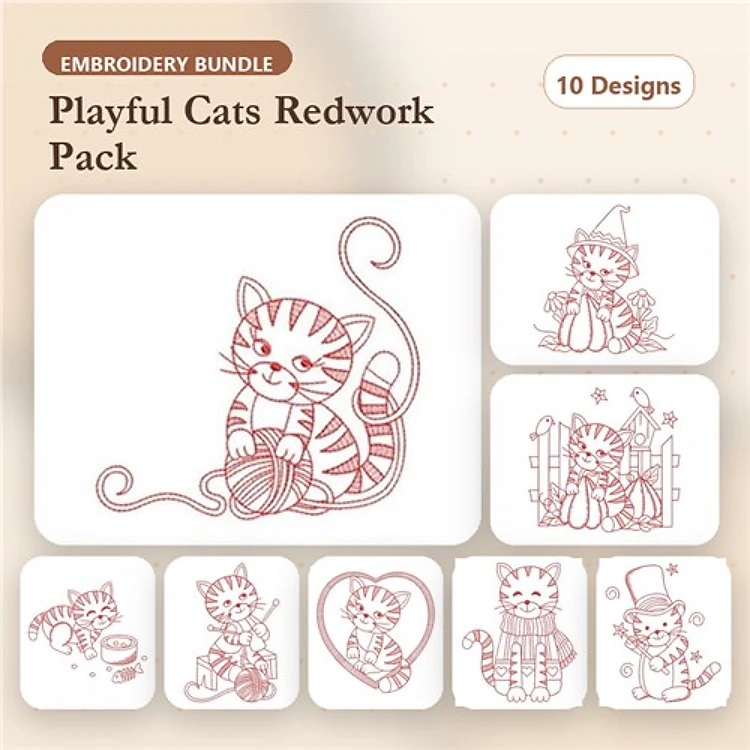 Redwork Playful Cats Embroidery Bundle – Cat with Yarn, Party Hat, Fish & More (10 Designs)