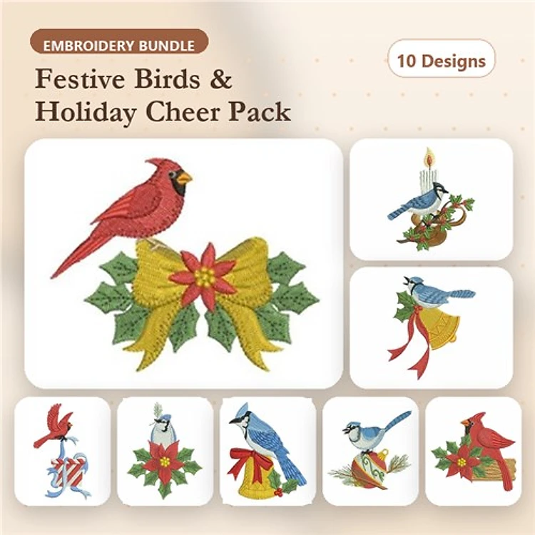 Festive Birds Embroidery Bundle – Cardinal, Blue Jay, Chickadee & More (10 Designs)