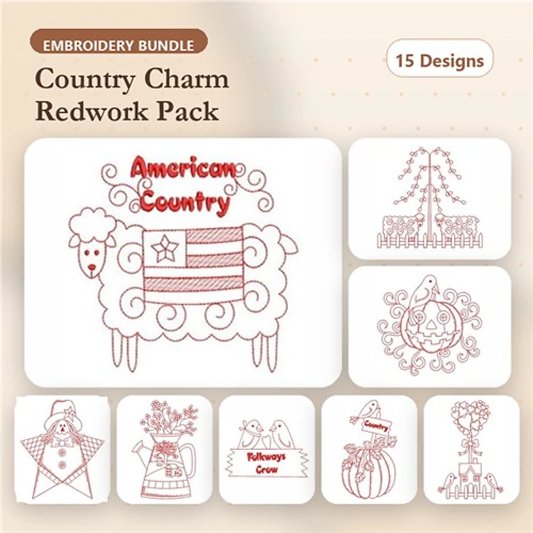 Redwork Country-Themed Embroidery Designs Bundle – Sheep with American Flag, Scarecrow, Pumpkin & More (15 Designs)