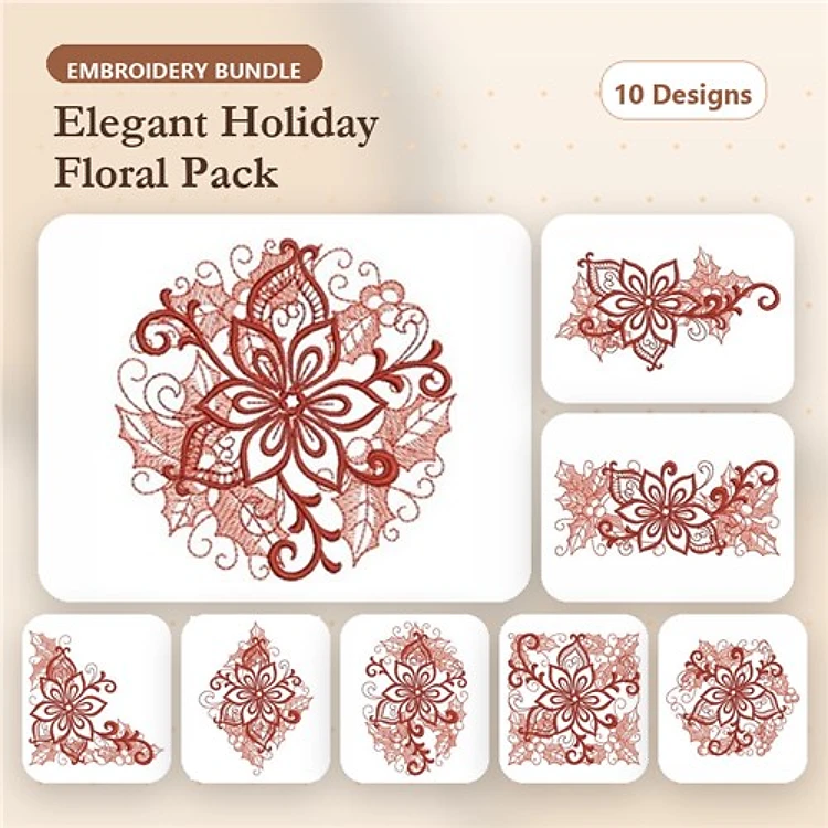 Redwork Floral Holiday Embroidery Designs Bundle – Floral Snowflake, Swirling Floral Ornament, & More (10 Designs)