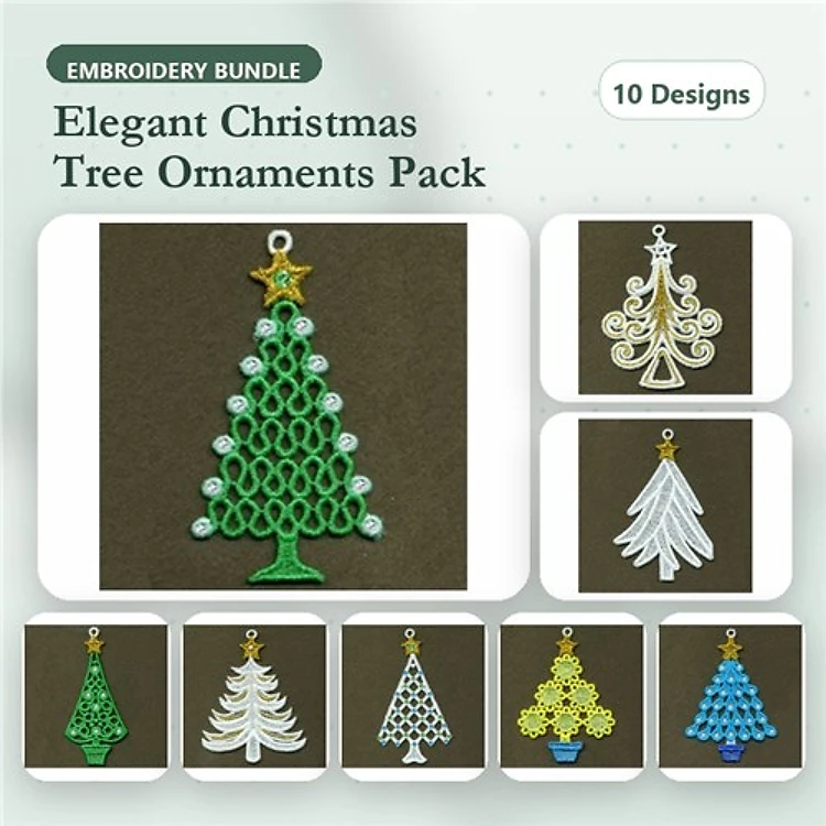 FSL Christmas Tree Ornament Embroidery Designs Bundle – Green Tree, Lace Tree, Gold Star & More (10 Designs)