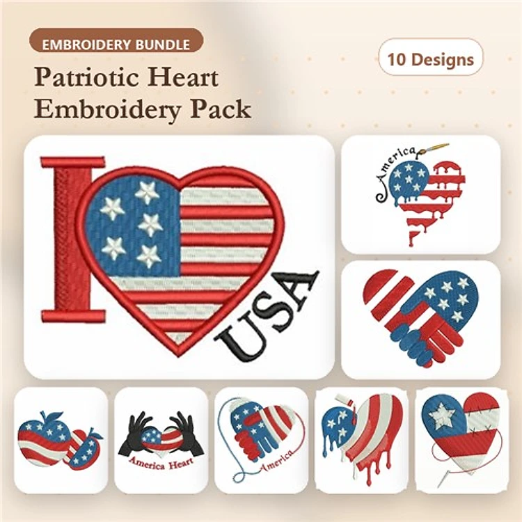 Patriotic Hearts Embroidery Designs Bundle – USA Heart, Heart with Stars and Stripes, American Heart & More (10 Designs)