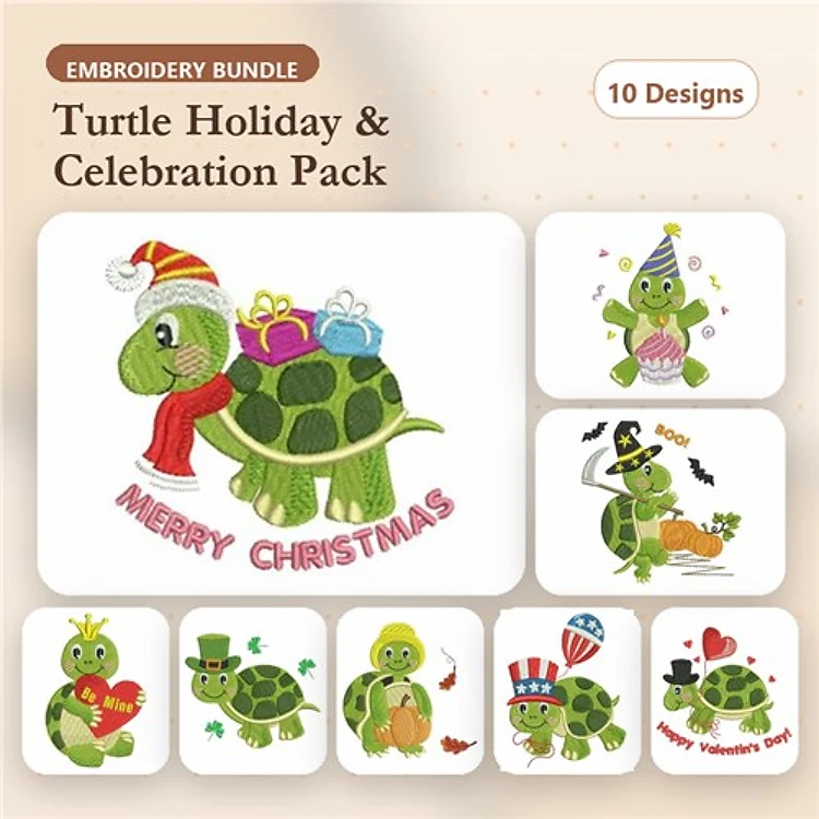 Turtle Holiday Celebrations Embroidery Designs Bundle – Christmas Gifts, Birthday Cake, Party Hat & More (10 Designs)