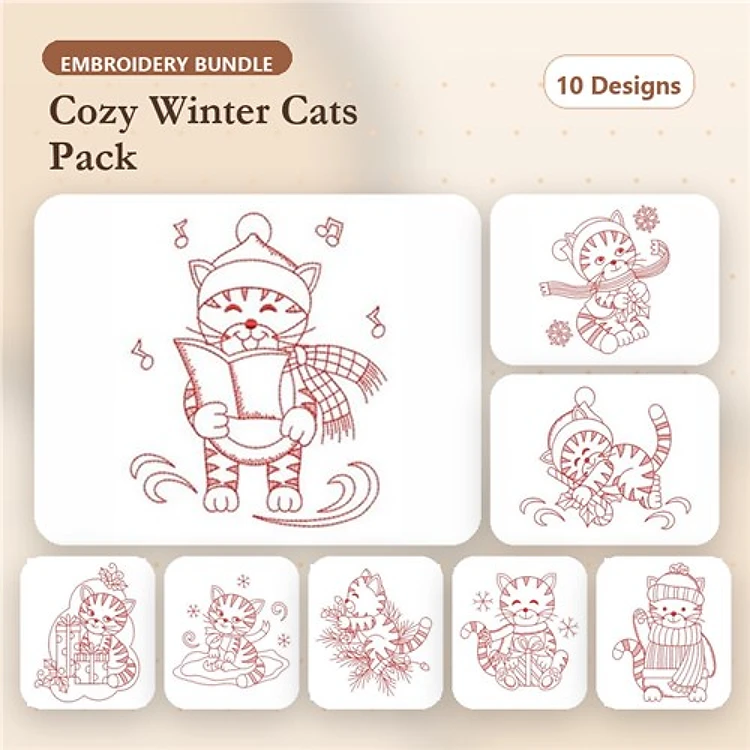 Redwork Winter-themed Cats Embroidery Bundle – Cat with Scarf, Cat Reading a Book, Cat Holding a Cup & More (10 Designs)