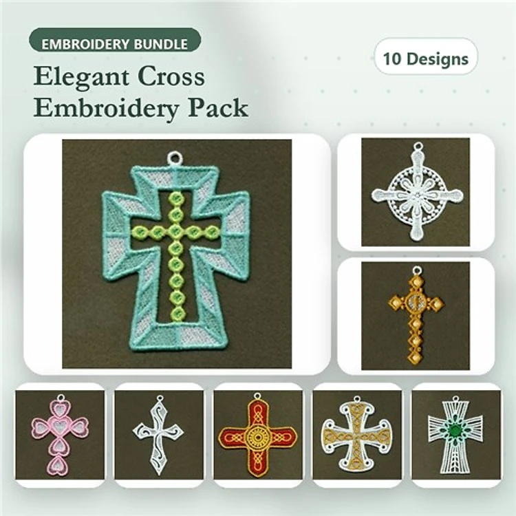 FSL Elegant Cross Embroidery Designs Bundle – Green Lace, White Lace, Gold Lace & More (10 Designs)