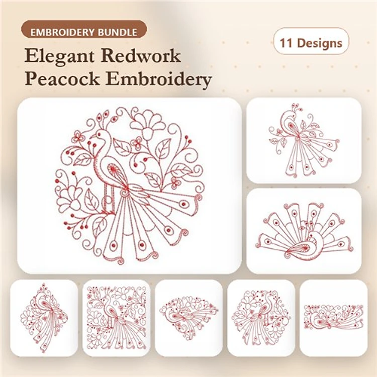 Redwork Elegant Peacock Embroidery Bundle – Peacock with Floral Elements, Ornate Peacock, Peacock & More (11 Designs)