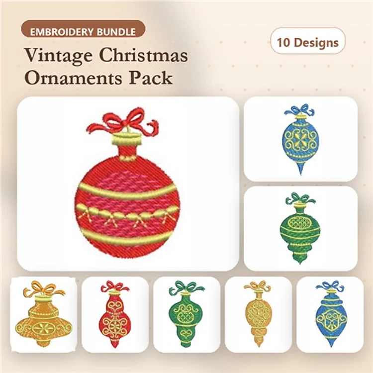 Vintage Christmas Ornament Embroidery Designs Bundle – Red Ornament with Bow, Green Ornament with Patterns, Blue Ornament with Swirls & More (10 Designs)