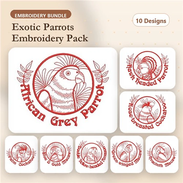 Redwork Exotic Parrots Embroidery Designs Bundle – African Grey Parrot, Rose-breasted Cockatoo, Scarlet Macaw & More (10 Designs)