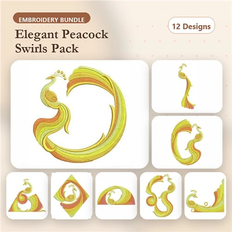 Peacock Swirl Embroidery Designs Bundle – Elegant Peacock & Decorative Elements (12 Designs)