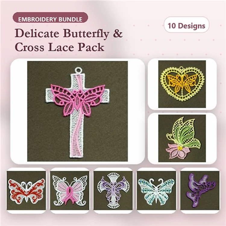 FSL Butterfly & Cross Embroidery Designs Bundle – Butterfly Cross, Lace Heart, Floral Butterfly & More (10 Designs)