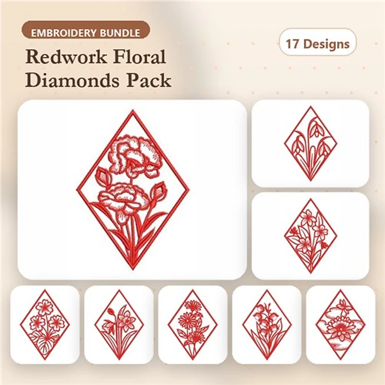 Redwork Floral Diamond Embroidery Bundle – Peonies, Daisies, Roses & More (17 Designs)