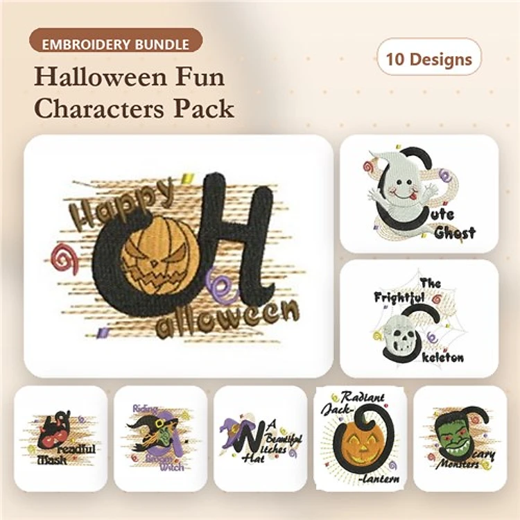 Halloween Characters Embroidery Designs Bundle – Happy Halloween, Cute Ghost, Frightful Skeleton & More (10 Designs)