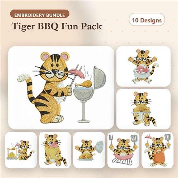 Tiger BBQ Embroidery Designs Bundle – Grilling Tiger, Tiger Chef, Tiger with Burger & More (10 Designs)