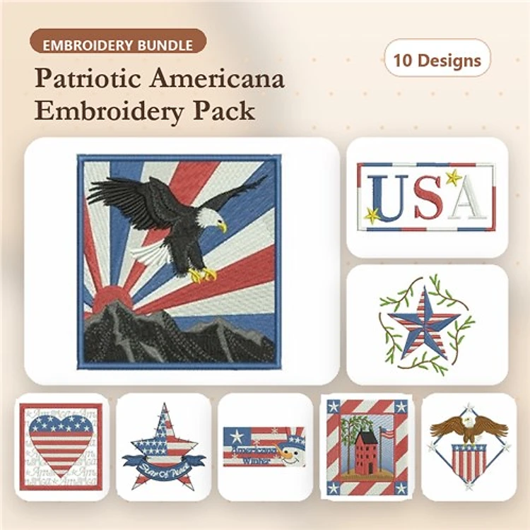 Patriotic Americana Embroidery Designs Bundle – Eagle with American Flag, USA Text Design, Patriotic Heart & More (10 Designs)