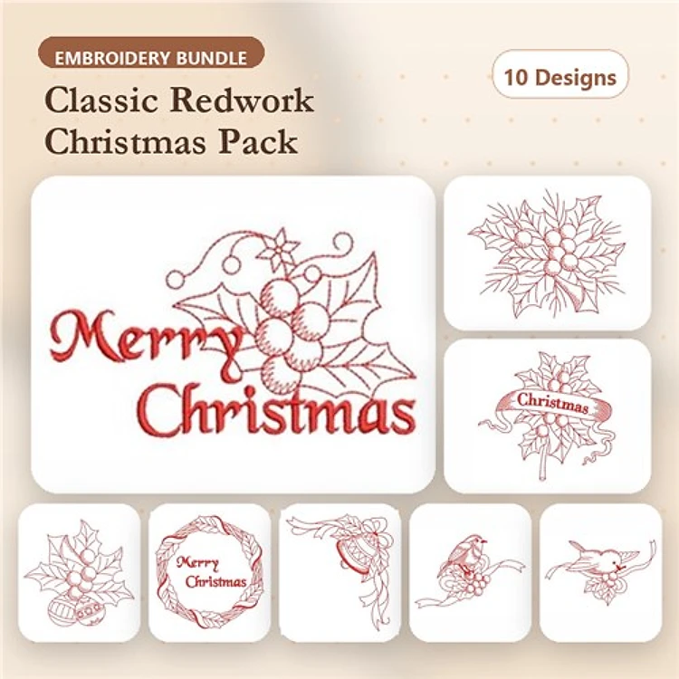 Redwork Christmas Embroidery Designs Bundle – Merry Christmas Holly, Christmas Bird, Christmas Wreath & More (10 Designs)