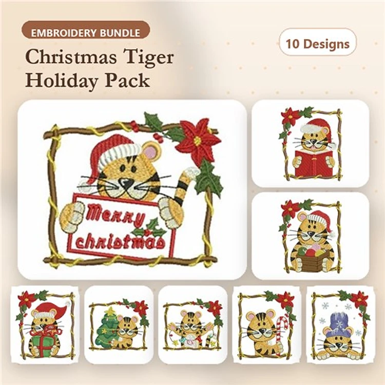Christmas Tiger Embroidery Designs Bundle – Tiger with Sign, Santa Hat, Gift & More (10 Designs)