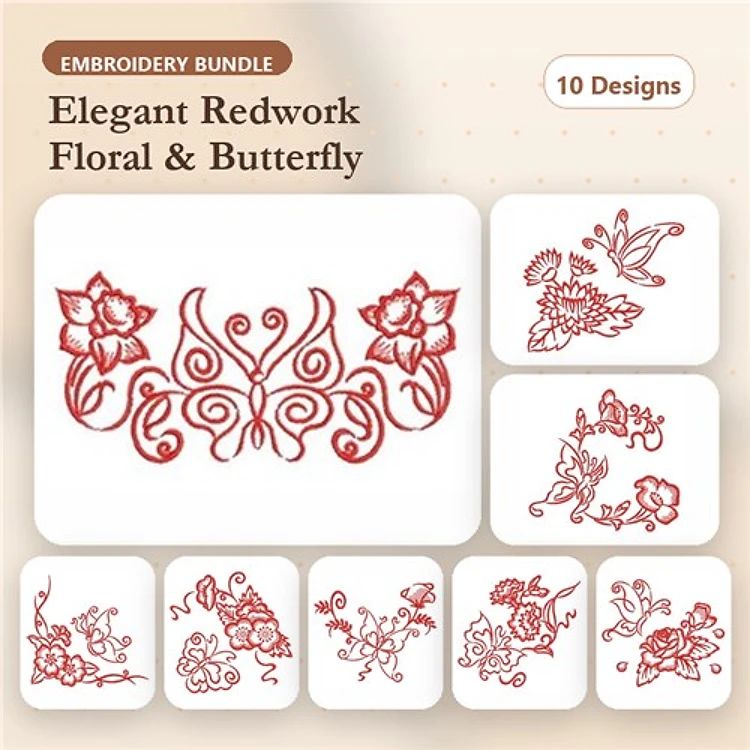 Redwork Elegant Floral & Butterfly Embroidery Designs Bundle – Floral Swirl, Butterfly Accents & More (10 Designs)