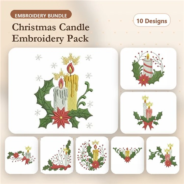 Christmas Candle Embroidery Designs Bundle – Candle with Holly and Poinsettia, Single Candle with Flame & More (10 Designs)