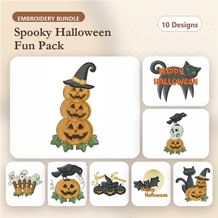 Halloween Embroidery Designs Bundle – Stacked Jack-o'-Lanterns, Black Cat, Ghost & More (10 Designs)