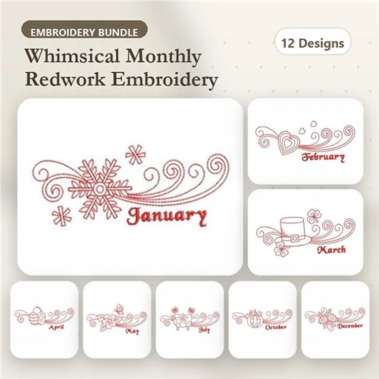 Redwork Whimsical Monthly Embroidery Bundle – January, February, March & More (12 Designs)