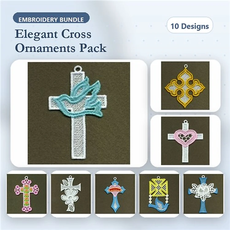 FSL Cross Ornament Embroidery Bundle – Cross with Dove, Decorative Cross, Heart Cross & More (10 Designs)