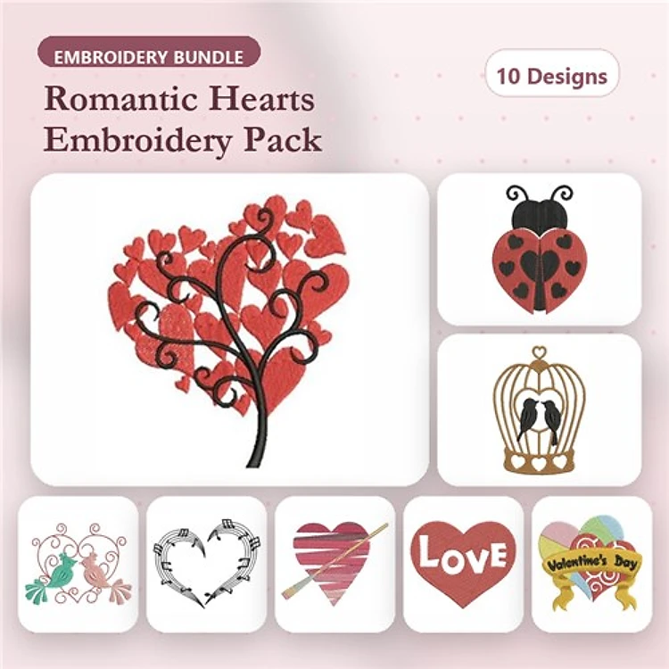 Romantic Hearts Embroidery Designs Bundle – Heart Tree, Ladybug Heart, Birdcage with Lovebirds & More (10 Designs)