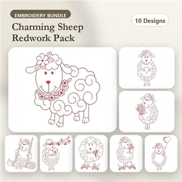 Redwork Charming Sheep Embroidery Designs Bundle – Sheep with Flower, Sheep with Bow, Sheep Playing Saxophone & More (10 Designs)