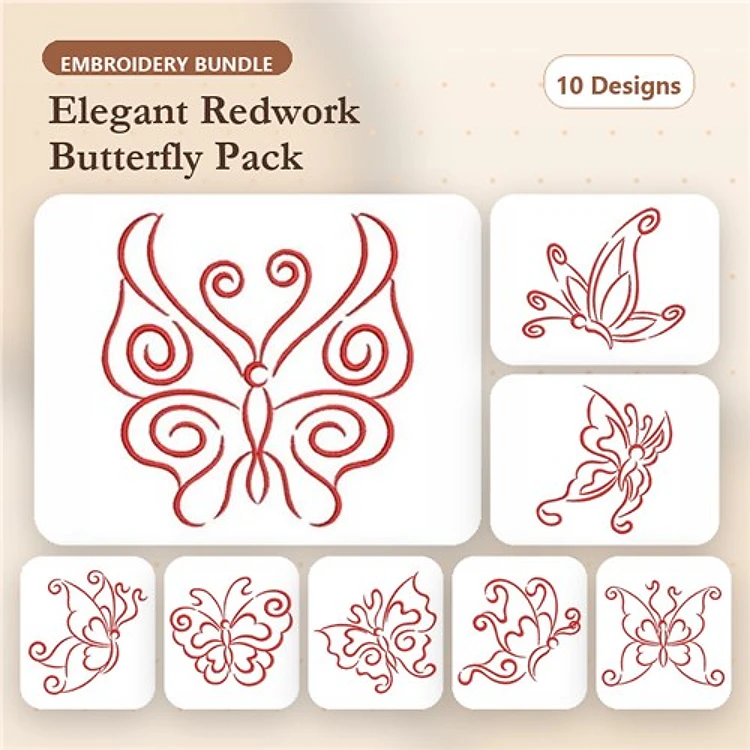 Redwork Elegant Butterfly Embroidery Bundle – Butterfly with Swirls, Ornamental Butterfly, & More (10 Designs)