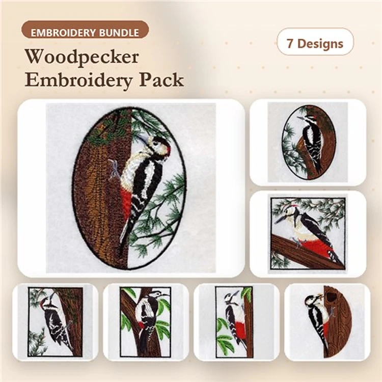 Woodpecker Embroidery Bundle – Woodpecker on Tree, Woodpecker Pecking, Woodpecker with Pine Needles & More (7 Designs)
