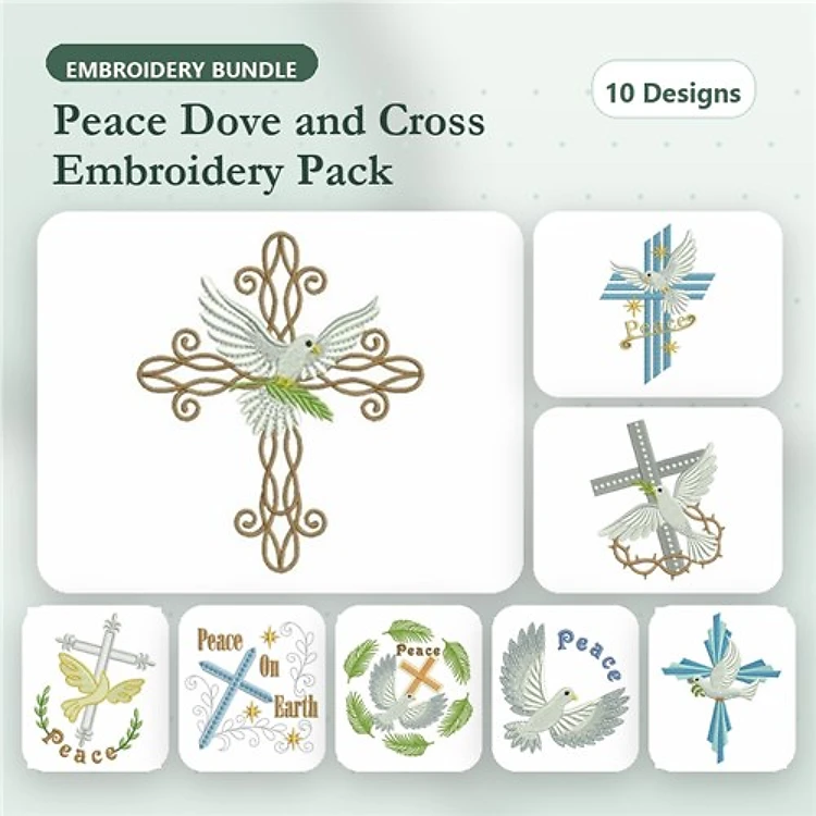 Peace Doves & Crosses Embroidery Designs Bundle – Dove with Olive Branch, Cross with Doves, Floral Cross Design & More (10 Designs)