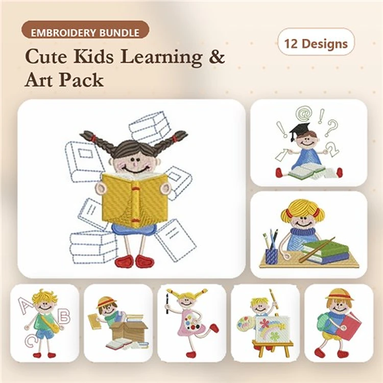 Children's Education & Art Embroidery Bundle – Girl Reading Book, Boy with Art Supplies, Girl with Backpack & More (12 Designs)