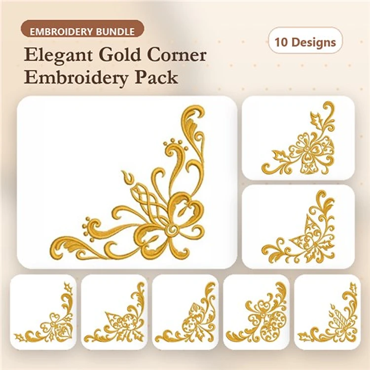 Redwork Floral Embellishments Embroidery Bundle – Elegant Gold Corners & More (10 Designs)