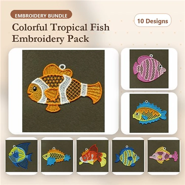 FSL Tropical Fish Embroidery Bundle – Clownfish, Blue Tropical Fish, Yellow Tropical Fish & More (10 Designs)