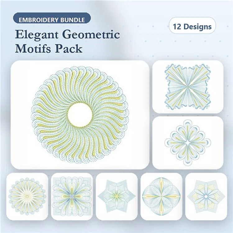 Rippled Elegant Geometric Embroidery Bundle – Swirling Circle, Layered Star, Ornate Diamond & More (12 Designs)