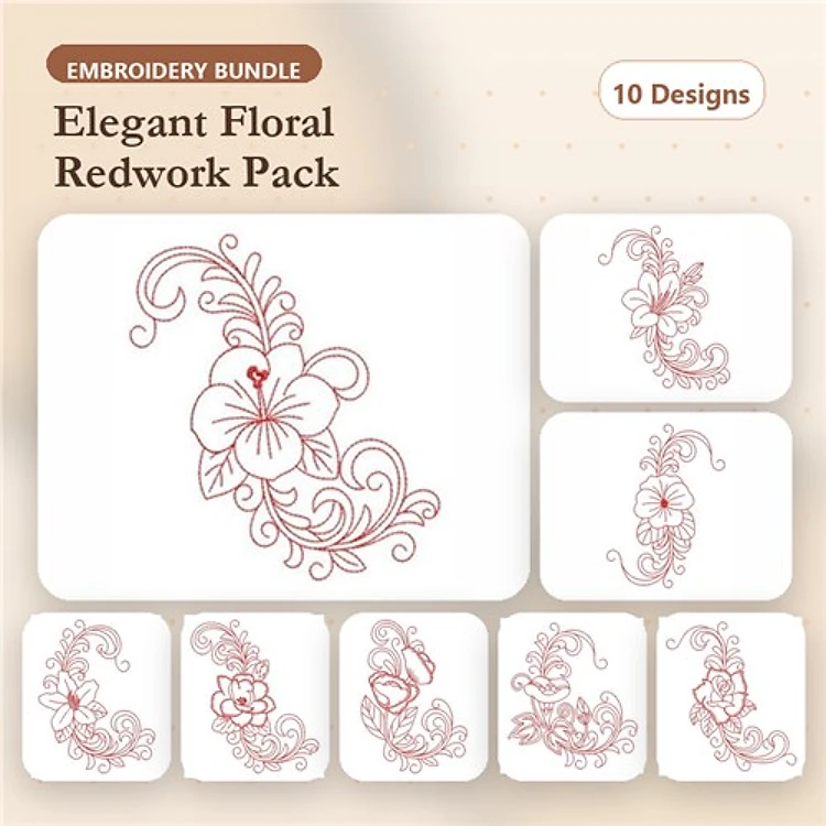 Redwork Elegant Floral Embroidery Designs Bundle – Floral Swirl, Curly Arrangement, & More (10 Designs)