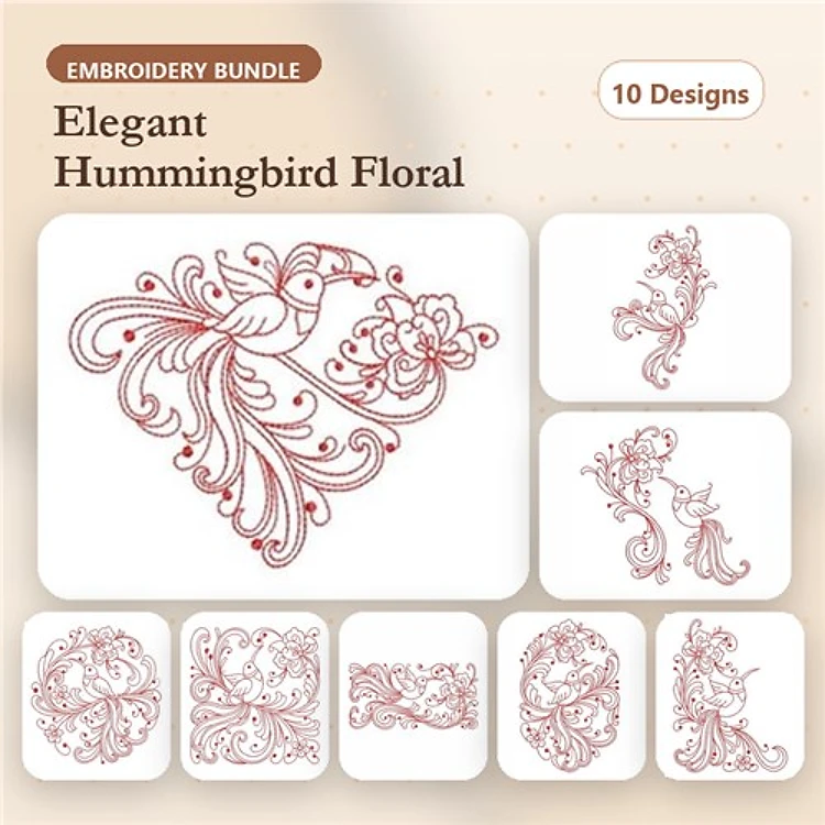 Redwork Hummingbird & Floral Embroidery Bundle – Hummingbird Floral with Swirls, Floral Ornament with Hummingbird & More (10 Designs)