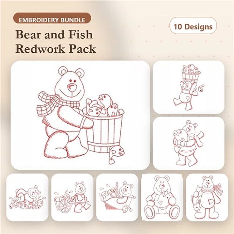 Redwork Bears & Fish Embroidery Designs Bundle – Bear with Basket, Bear Fishing, Baby Bear with Fish & More (10 Designs)