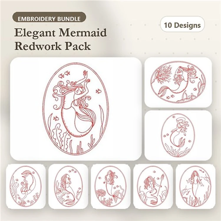 Redwork Mermaid Embroidery Designs Bundle – Mermaid in Ocean, Mermaid with Starfish, Sitting Mermaid & More (10 Designs)
