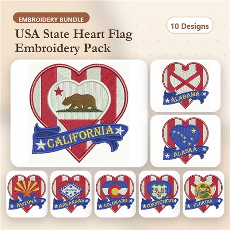 State Flag Hearts Embroidery Designs Bundle – California, Alabama, Florida & More (10 Designs)