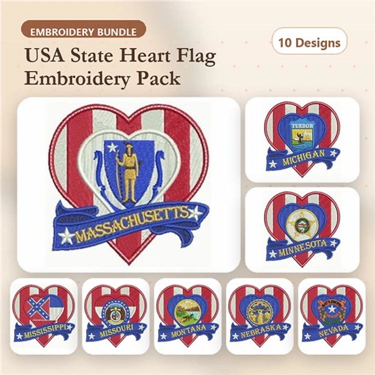 USA State Heart Flags Embroidery Designs Bundle – Massachusetts, Michigan, Minnesota & More (10 Designs)