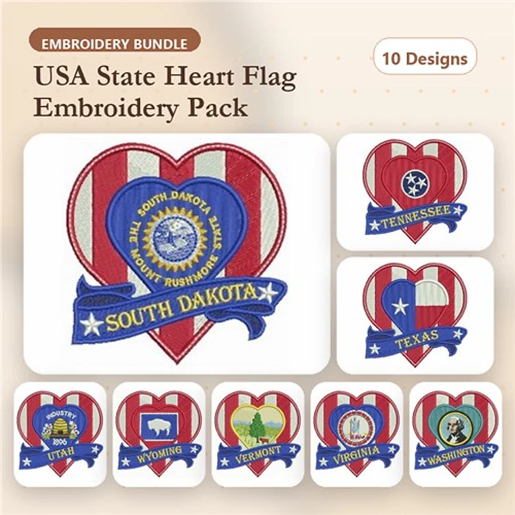 State Heart Flag Embroidery Designs Bundle – South Dakota, Tennessee, Texas & More (10 Designs)