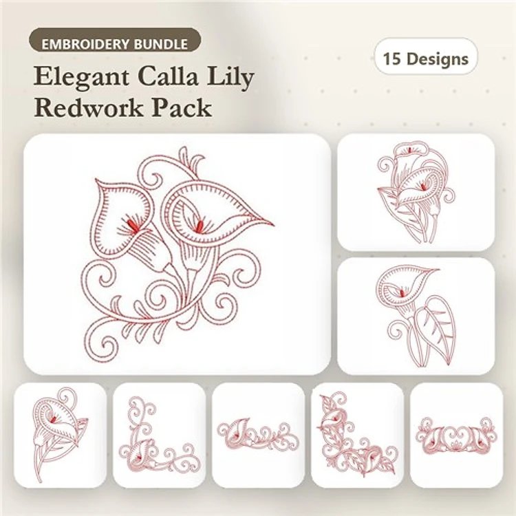 Redwork Elegant Calla Lily Embroidery Designs Bundle – Calla Lily with Swirls, Ornamental Calla Lily 1, Floral Accent & More (15 Designs)