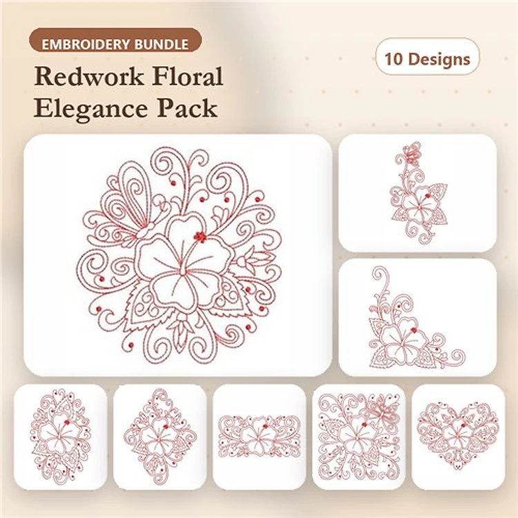 Redwork Floral Embroidery Bundle – Large Flower, Spiral Floral Element, Flower Cluster & More (10 Designs)