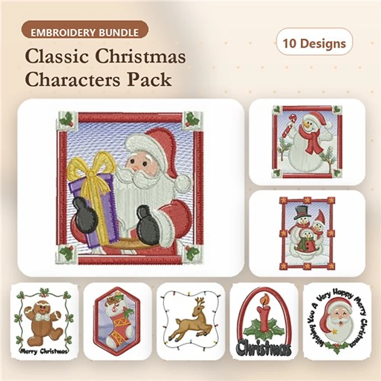 Classic Christmas Characters Embroidery Designs Bundle – Santa, Snowman, Reindeer & More (10 Designs)