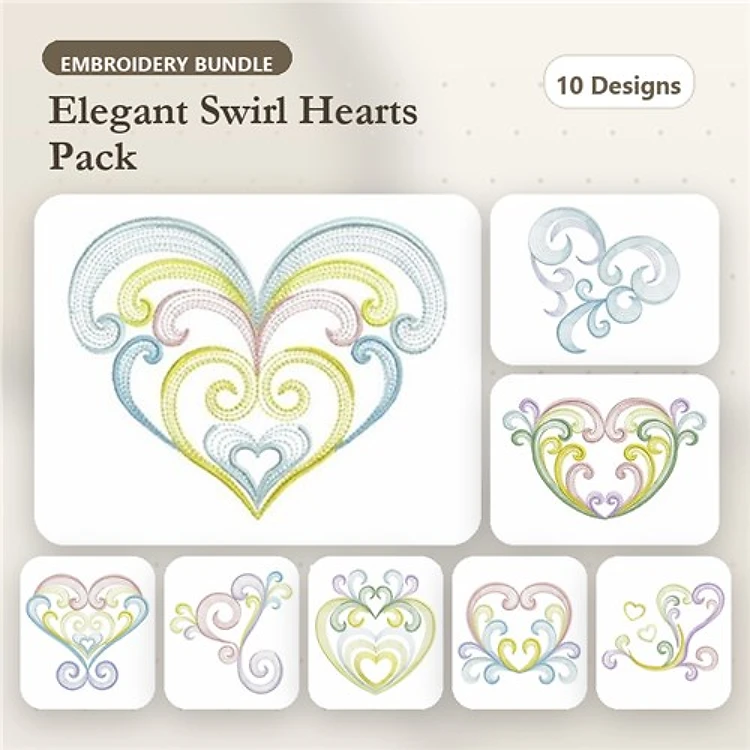 Rippled Elegant Swirled Hearts Embroidery Designs Bundle – Elegant Swirl Heart 1, Elegant Swirl Heart 2 & More (10 Designs)