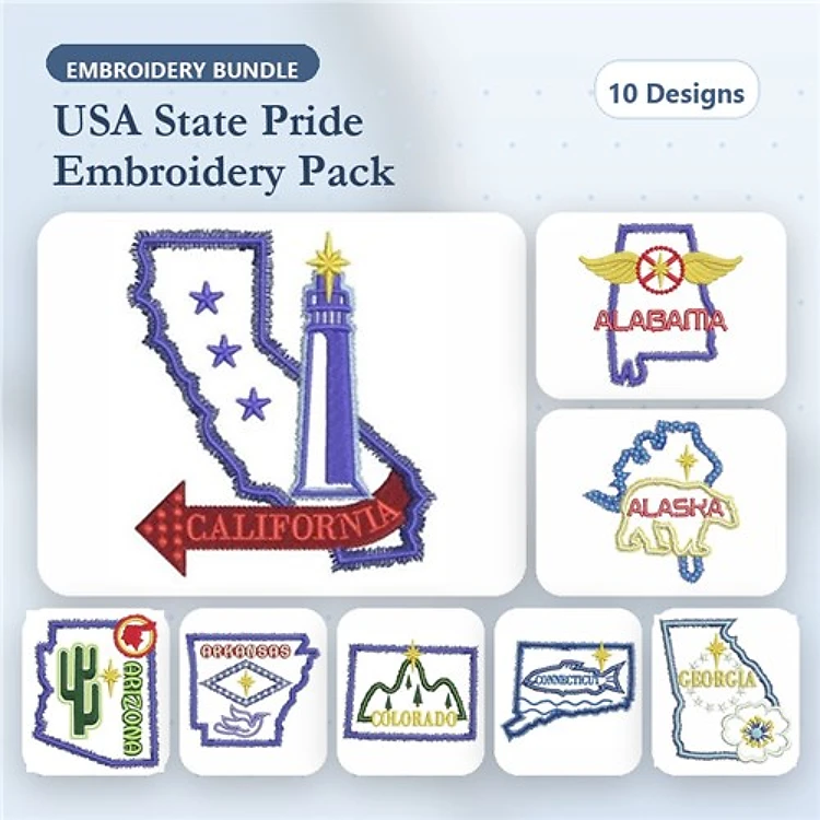 USA State Pride Embroidery Designs Bundle – California, Alabama, Alaska & More (10 Designs)